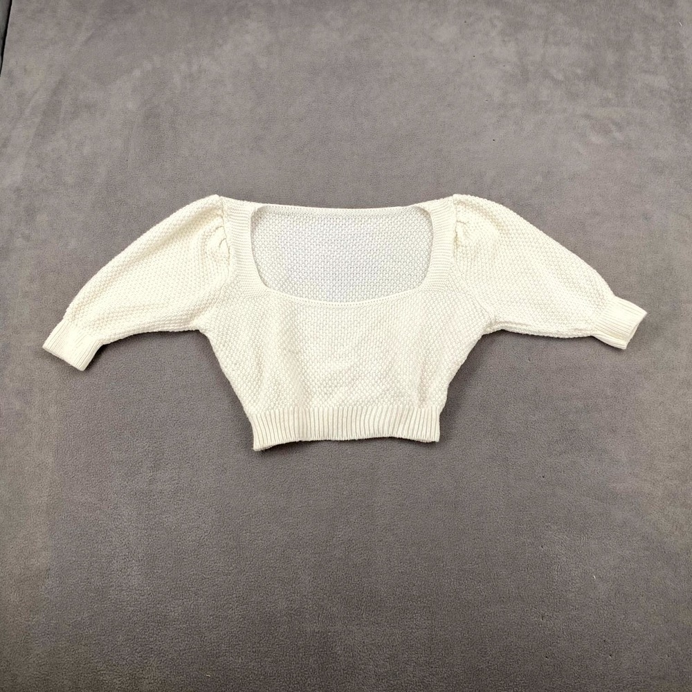 Womens Cropped Top Beige Waffle Knit Ribbed Puff Sleeve Square Neck Thermal